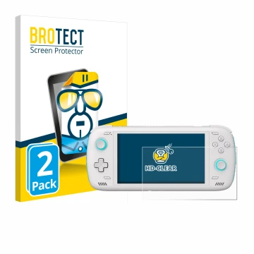Front side of a product packaging with the brand logo BROTECT. Next to it is the device AYN Odin 2 shown with the correspondin
