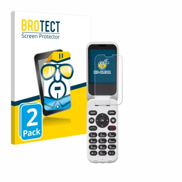 Front side of a product packaging with the brand logo BROTECT. Next to it is the device Doro 6820 shown with the corresponding
