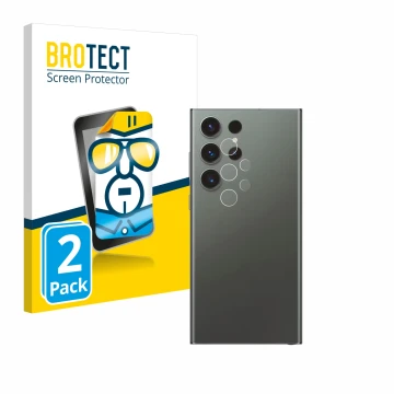 Front side of a product packaging with the brand logo BROTECT. Next to it is the device Samsung Galaxy S23 Ultra Enterprise Ed