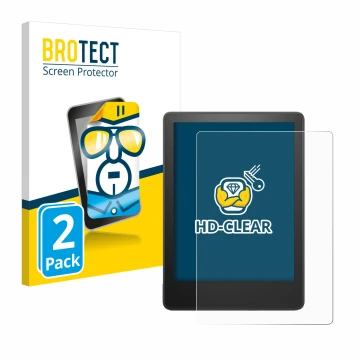 Front side of a product packaging with the brand logo BROTECT. Next to it is the device Amazon Kindle Paperwhite 2023 (11th Ge