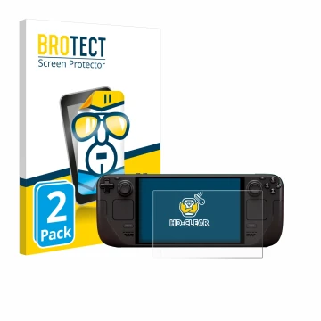 Front side of a product packaging with the brand logo BROTECT. Next to it is the device Valve Steam Deck OLED shown with the c