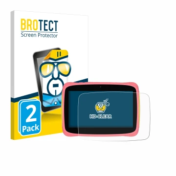 Front side of a product packaging with the brand logo BROTECT. Next to it is the device Blackview Tab 3 Kids shown with the co