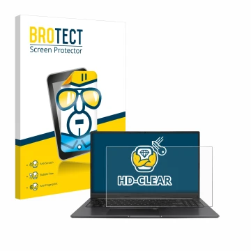 Front side of a product packaging with the brand logo BROTECT. Next to it is the device ASUS Vivobook 15 OLED shown with the c