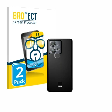 Front side of a product packaging with the brand logo BROTECT. Next to it is the device Motorola Edge 40 Neo (ONLY Camera Lens