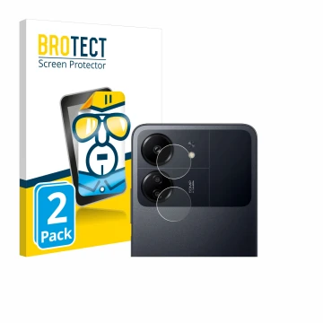 Front side of a product packaging with the brand logo BROTECT. Next to it is the device Xiaomi Poco C65 (ONLY Camera Lens) sho