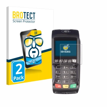 Front side of a product packaging with the brand logo BROTECT. Next to it is the device ingenico Desk/3500 shown with the corr