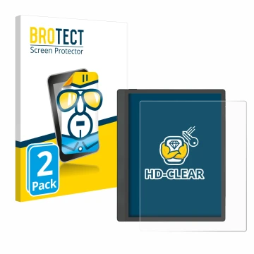 Front side of a product packaging with the brand logo BROTECT. Next to it is the device Boox Tab Ultra C Pro shown with the co