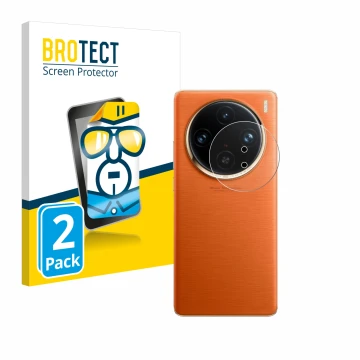 Front side of a product packaging with the brand logo BROTECT. Next to it is the device Vivo X100 Pro (ONLY Camera Lens) shown