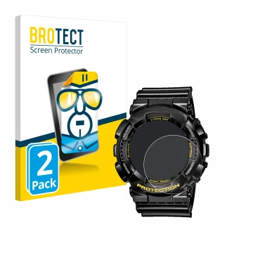 Front side of a product packaging with the brand logo BROTECT. Next to it is the device Casio G-Shock GA-110GB-1A shown with t