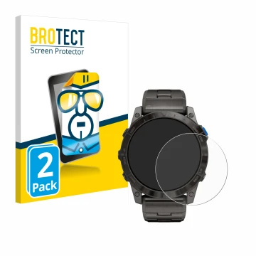 Front side of a product packaging with the brand logo BROTECT. Next to it is the device Garmin D2 Mach1 Pro shown with the cor