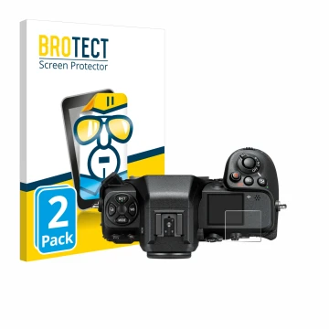 Front side of a product packaging with the brand logo BROTECT. Next to it is the device Nikon Z 8 (top plate display) shown wi