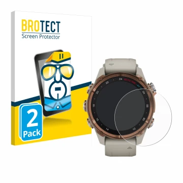 Front side of a product packaging with the brand logo BROTECT. Next to it is the device Garmin Descent Mk3 (43 mm) shown with 