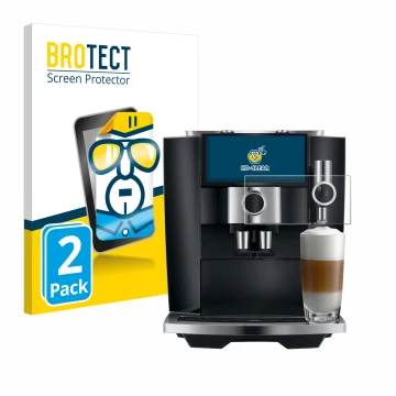 Front side of a product packaging with the brand logo BROTECT. Next to it is the device Jura J8 twin shown with the correspond
