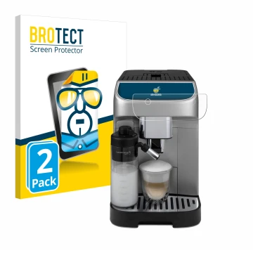 Front side of a product packaging with the brand logo BROTECT. Next to it is the device DeLonghi Magnifica Plus shown with the