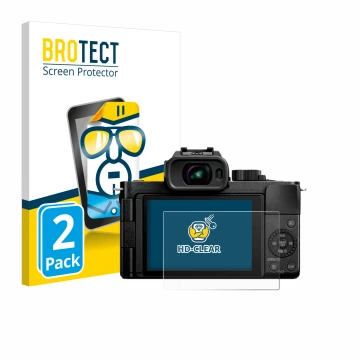Front side of a product packaging with the brand logo BROTECT. Next to it is the device Panasonic Lumix DC-G100D shown with th
