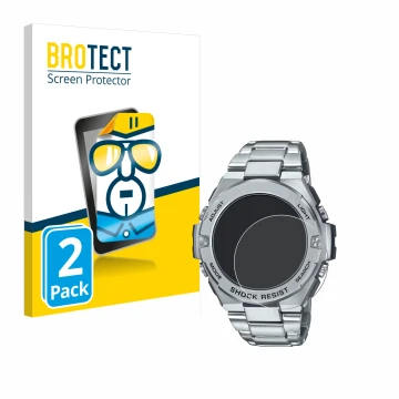 Front side of a product packaging with the brand logo BROTECT. Next to it is the device Casio G-Shock GST-B500D-1A shown with 