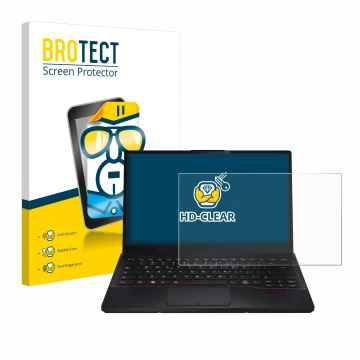 Front side of a product packaging with the brand logo BROTECT. Next to it is the device Fujitsu Lifebook E5412 shown with the 
