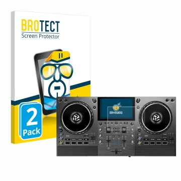 Front side of a product packaging with the brand logo BROTECT. Next to it is the device Numark Mixstream Pro Go shown with the