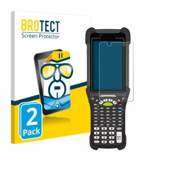 Front side of a product packaging with the brand logo BROTECT. Next to it is the device Zebra MC9400 shown with the correspond