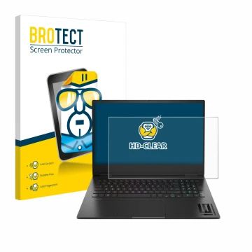 Front side of a product packaging with the brand logo BROTECT. Next to it is the device HP Omen 16 2024 shown with the corresp