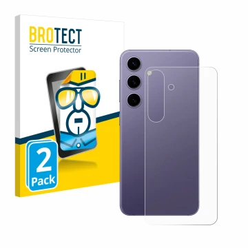 Front side of a product packaging with the brand logo BROTECT. Next to it is the device Samsung Galaxy S24 (Back) shown with t