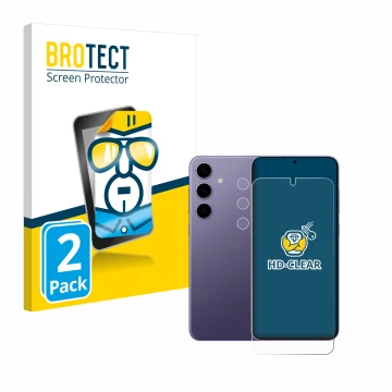 Front side of a product packaging with the brand logo BROTECT. Next to it is the device Samsung Galaxy S24 Plus (Front+Camera)