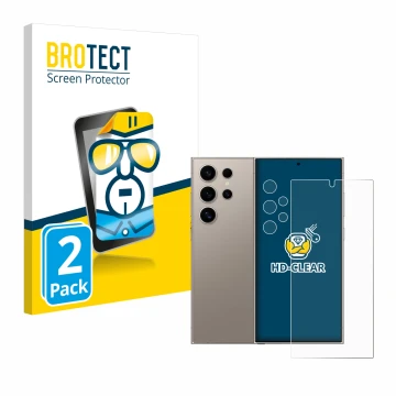 Front side of a product packaging with the brand logo BROTECT. Next to it is the device Samsung Galaxy S24 Ultra (case-friendl