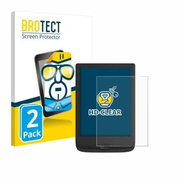 Front side of a product packaging with the brand logo BROTECT. Next to it is the device PocketBook Basic Lux 4 shown with the 