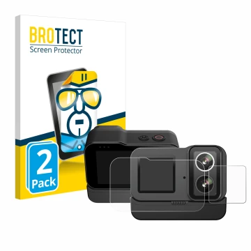 Front side of a product packaging with the brand logo BROTECT. Next to it is the device SJCAM SJ20 Dual Lens shown with the co