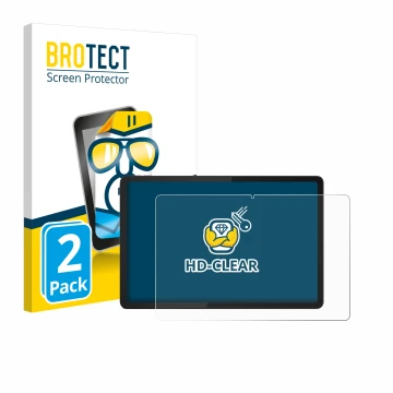 Front side of a product packaging with the brand logo BROTECT. Next to it is the device Lenovo Tab M11 shown with the correspo