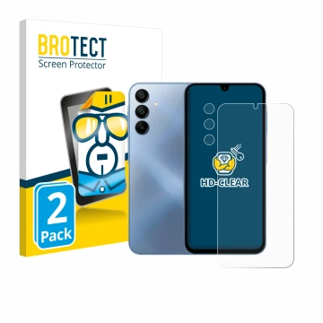 Front side of a product packaging with the brand logo BROTECT. Next to it is the device Samsung Galaxy A15 5G (Front+Camera) s