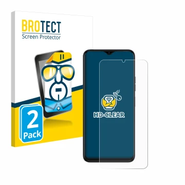 Front side of a product packaging with the brand logo BROTECT. Next to it is the device Tecno Spark 10 5G shown with the corre