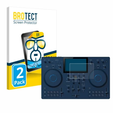 Front side of a product packaging with the brand logo BROTECT. Next to it is the device AlphaTheta OMNIS-Duo shown with the co