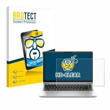 Front side of a product packaging with the brand logo BROTECT. Next to it is the device HP ProBook 440 G10 shown with the corr