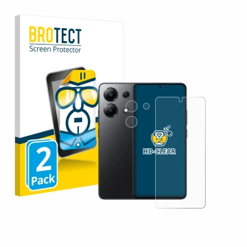 Front side of a product packaging with the brand logo BROTECT. Next to it is the device Xiaomi Redmi Note 13 (Front+Camera) sh