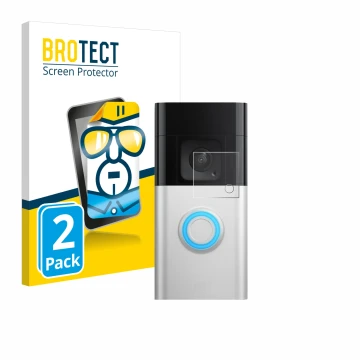 Front side of a product packaging with the brand logo BROTECT. Next to it is the device Ring Video Doorbell Plus shown with th