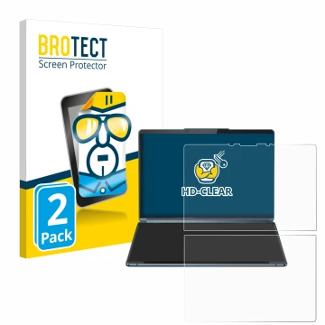 Front side of a product packaging with the brand logo BROTECT. Next to it is the device Lenovo Yoga Book 9i Gen 9 shown with t