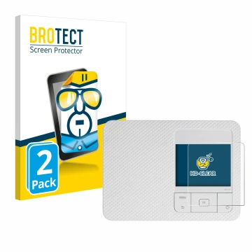 Front side of a product packaging with the brand logo BROTECT. Next to it is the device Canon Selphy CP1500 shown with the cor