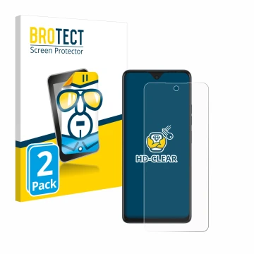 Front side of a product packaging with the brand logo BROTECT. Next to it is the device Tecno Spark 10 Pro shown with the corr