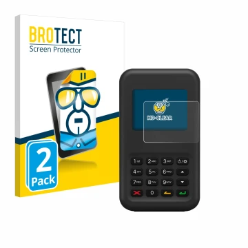 Front side of a product packaging with the brand logo BROTECT. Next to it is the device Shopify WisePad 3 shown with the corre