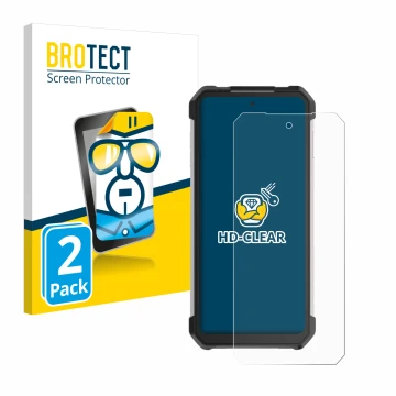 Front side of a product packaging with the brand logo BROTECT. Next to it is the device Unihertz Tank 3 Pro shown with the cor