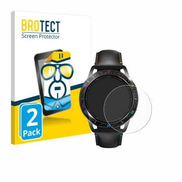Front side of a product packaging with the brand logo BROTECT. Next to it is the device Xiaomi Watch S3 shown with the corresp