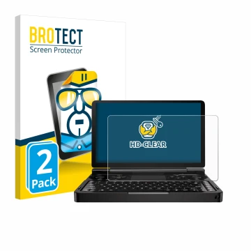 Front side of a product packaging with the brand logo BROTECT. Next to it is the device GPD Win Mini (2024) shown with the cor