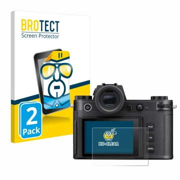 Front side of a product packaging with the brand logo BROTECT. Next to it is the device Leica SL3 shown with the corresponding