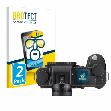 Front side of a product packaging with the brand logo BROTECT. Next to it is the device Leica SL3 (top plate display) shown wi