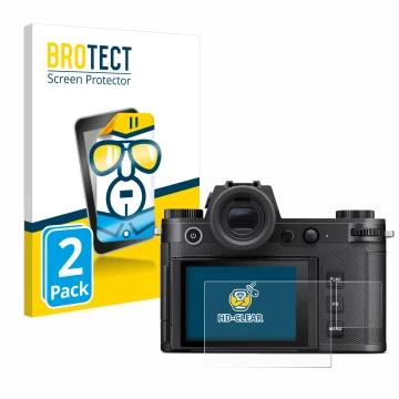 Front side of a product packaging with the brand logo BROTECT. Next to it is the device Leica SL3 (Display + top plate display