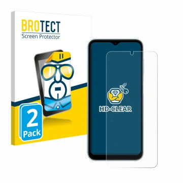 Front side of a product packaging with the brand logo BROTECT. Next to it is the device Samsung Galaxy M15 shown with the corr