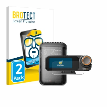 Front side of a product packaging with the brand logo BROTECT. Next to it is the device DJI Mic 2 (Receiver) shown with the co