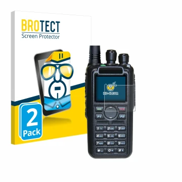 Front side of a product packaging with the brand logo BROTECT. Next to it is the device AnyTone AT-D878UV II Plus shown with t