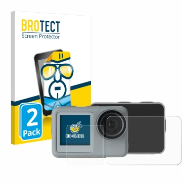 Front side of a product packaging with the brand logo BROTECT. Next to it is the device Rollei Actioncam 9s Plus shown with th